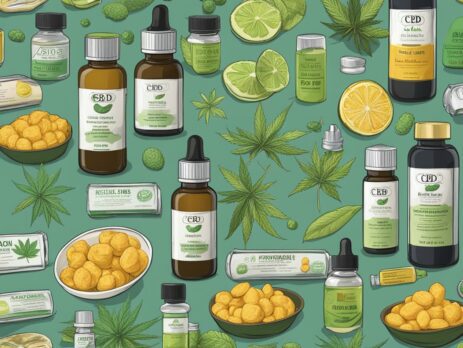 A table displays CBD oils, edibles, and topicals. Labels highlight various product types